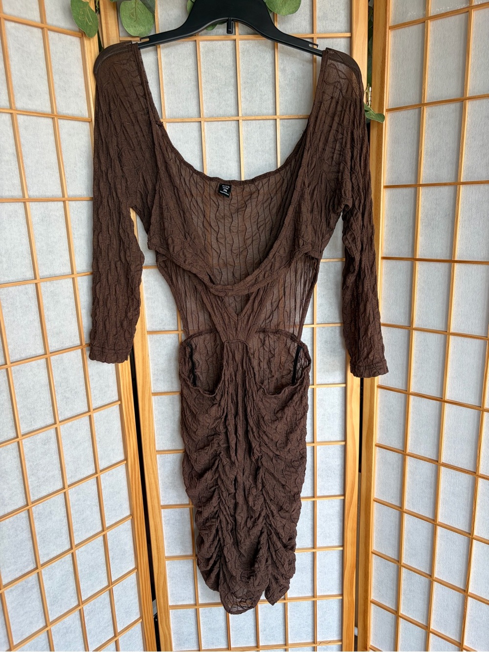 SHEIN Brown Long Sleeve Ruched Scoop-Neck Dress